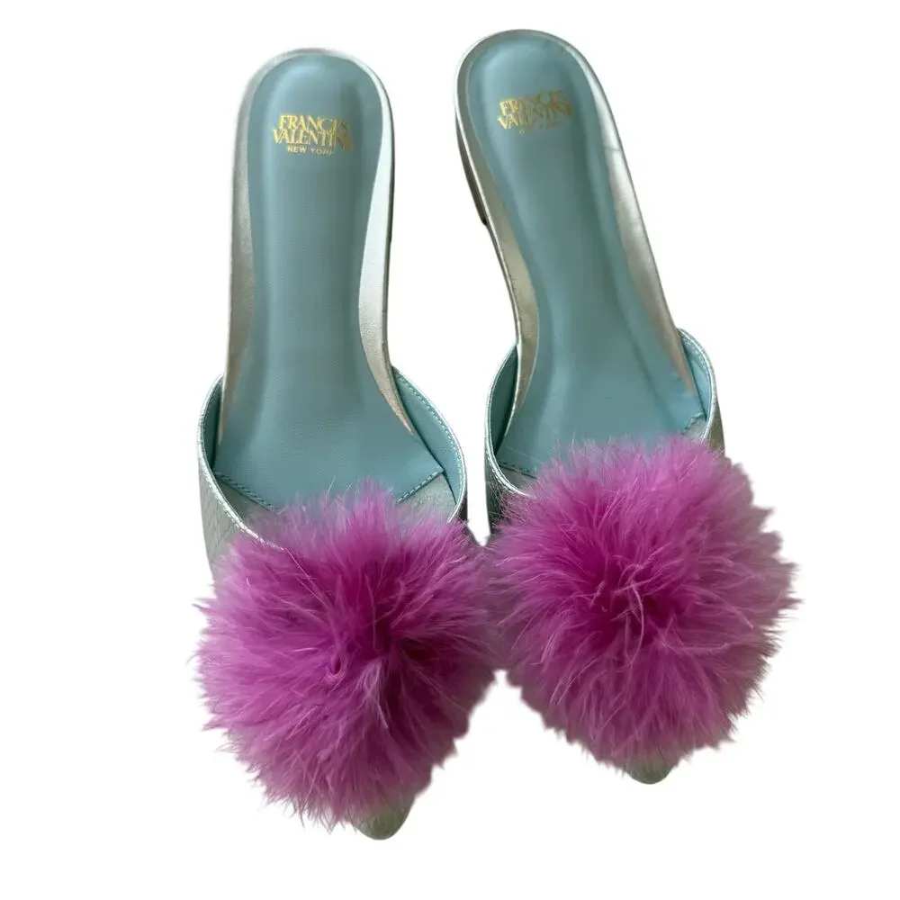 Frances Valentine Pauline Snake Embossed Pom Pom Mules Pink 6.5
